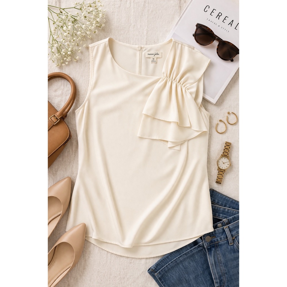 Maison Jules Ivory Cream Ruffle Shoulder Sleeveless Blouse Top Medium M